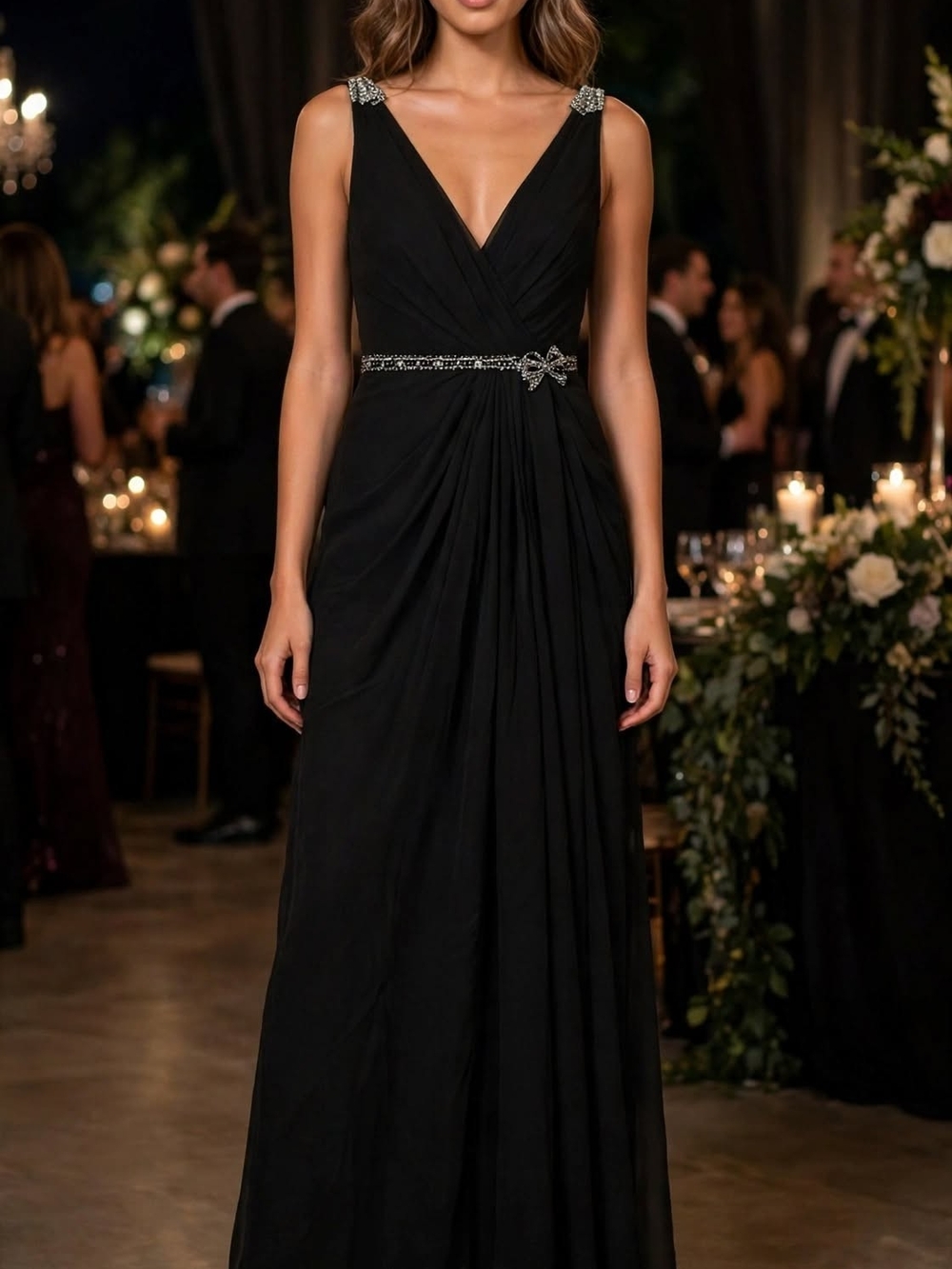 Love Black V-Neck Prom Gown with Beaded Waist Bow